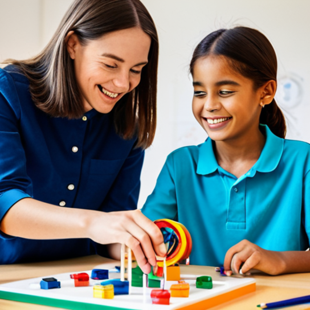A diverse group of cheerful children, aged 7-10, engaged in a hands-on STEM project with a kind female after-school instructor. The instructor, in a modest professional-casual outfit, is guiding them at a brightly lit table in a modern, colorful learning space. Educational materials, building blocks, and art supplies are neatly arranged around them. The atmosphere is nurturing and inspiring, emphasizing interactive learning. All subjects are fully clothed in appropriate attire. The image conveys a family-friendly, safe for work, and appropriate content environment with perfect anatomy, correct proportions, natural poses, well-formed hands, proper finger count, and natural body proportions. Professional photography, soft natural lighting, vibrant colors, high detail, sharp focus.