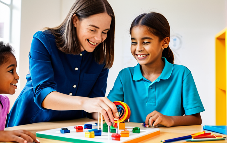 A diverse group of cheerful children, aged 7-10, engaged in a hands-on STEM project with a kind female after-school instructor. The instructor, in a modest professional-casual outfit, is guiding them at a brightly lit table in a modern, colorful learning space. Educational materials, building blocks, and art supplies are neatly arranged around them. The atmosphere is nurturing and inspiring, emphasizing interactive learning. All subjects are fully clothed in appropriate attire. The image conveys a family-friendly, safe for work, and appropriate content environment with perfect anatomy, correct proportions, natural poses, well-formed hands, proper finger count, and natural body proportions. Professional photography, soft natural lighting, vibrant colors, high detail, sharp focus.