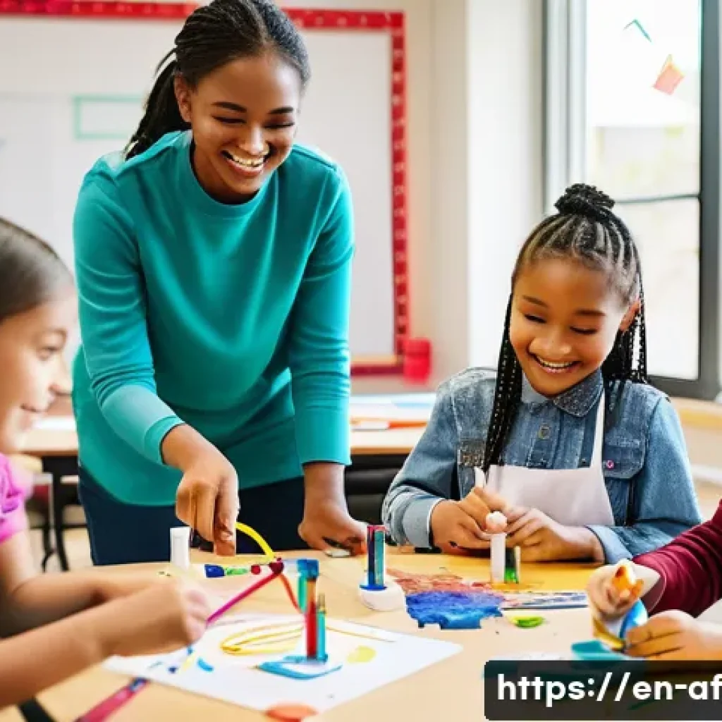 방과후지도사로서의 연수 경험 공유 - A diverse group of elementary school children engaged in a lively after-school STEAM activity, build...