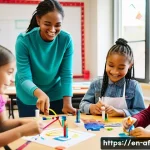 방과후지도사로서의 연수 경험 공유 - A diverse group of elementary school children engaged in a lively after-school STEAM activity, build...