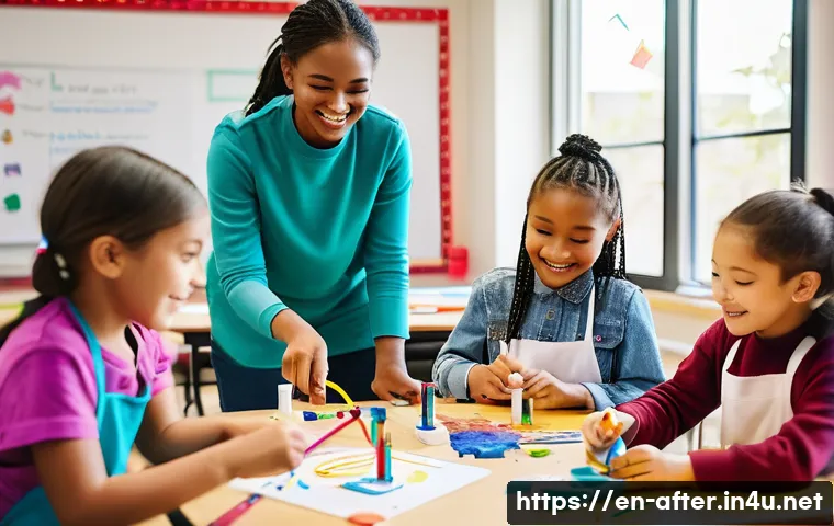 방과후지도사로서의 연수 경험 공유 - A diverse group of elementary school children engaged in a lively after-school STEAM activity, build...