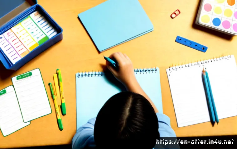 Home 17 방과후지도사 수업 자료 제작 방법 - Photorealistic overhead view of an after-school educator creating hands-on lesson materials at a bri...