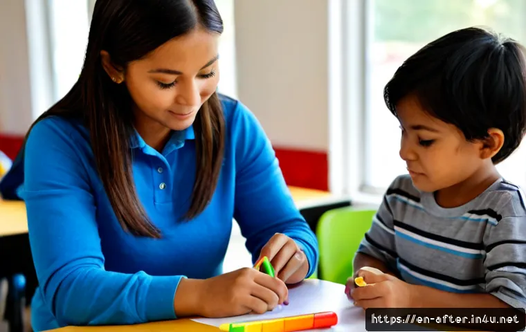 방과후지도사로서의 전문성 개발 방법 - Photorealistic after-school program instructor in a bright community learning center, reviewing chil...